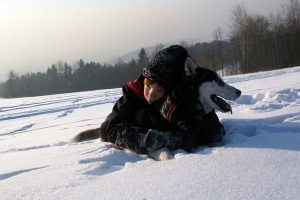 imagen de un husky siberiano marron abrazado a su mejor amigo en la montaña con nieve